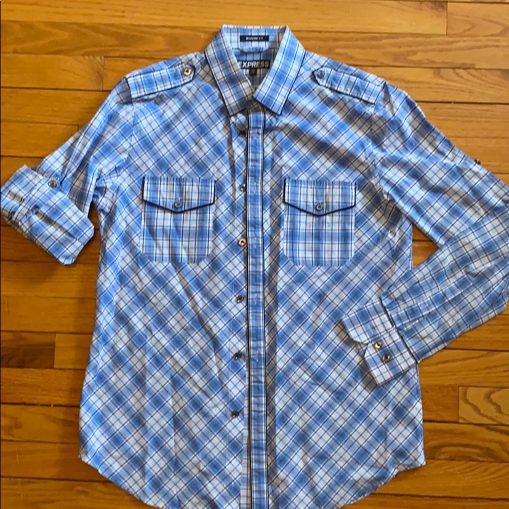 Express Modern Fit blue plaid with epaulets